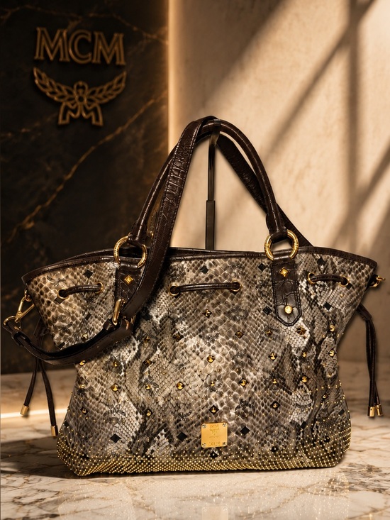 MCM Handbags - MCM Visetos Python Print Studded Shopper Tote